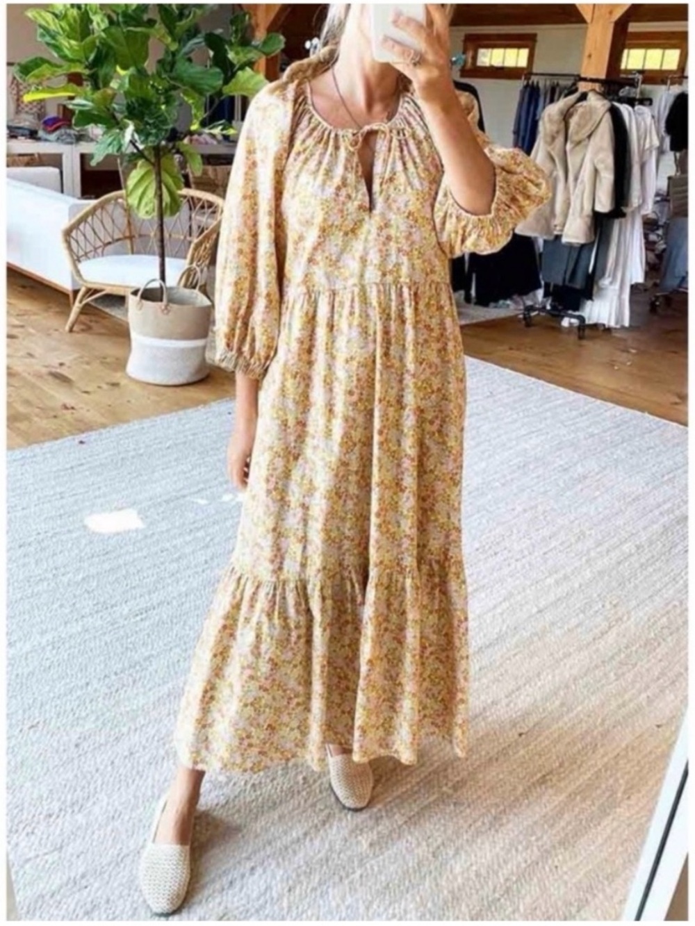 Emerson Fry Yellow Floral Tiered Maxi voluminous puff sleeves and a tiered XS